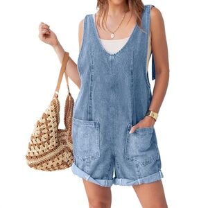 GLAMAKER NWOT Oversized V Neck Denim Jean Romper Short Overalls